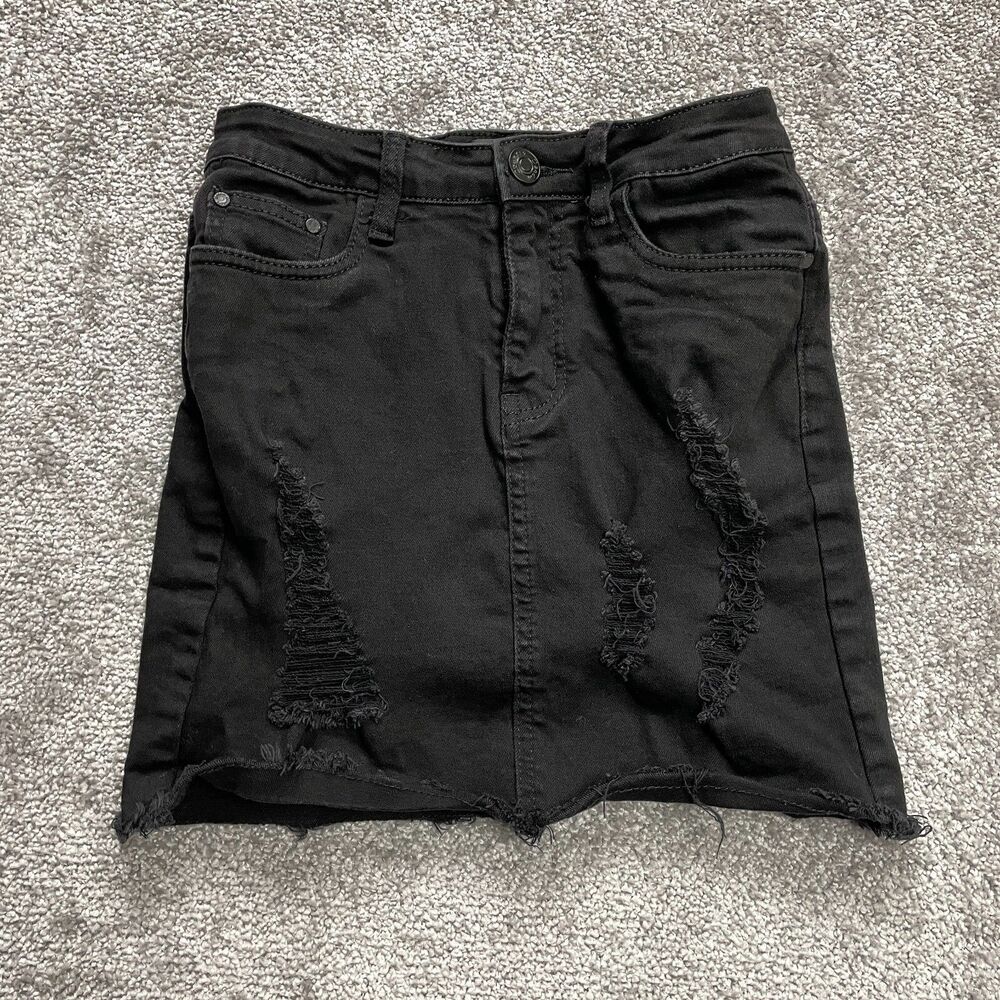 Country Denim Jean Mini Skirt Womens 6 Black Short Solid Pocket Button Distress